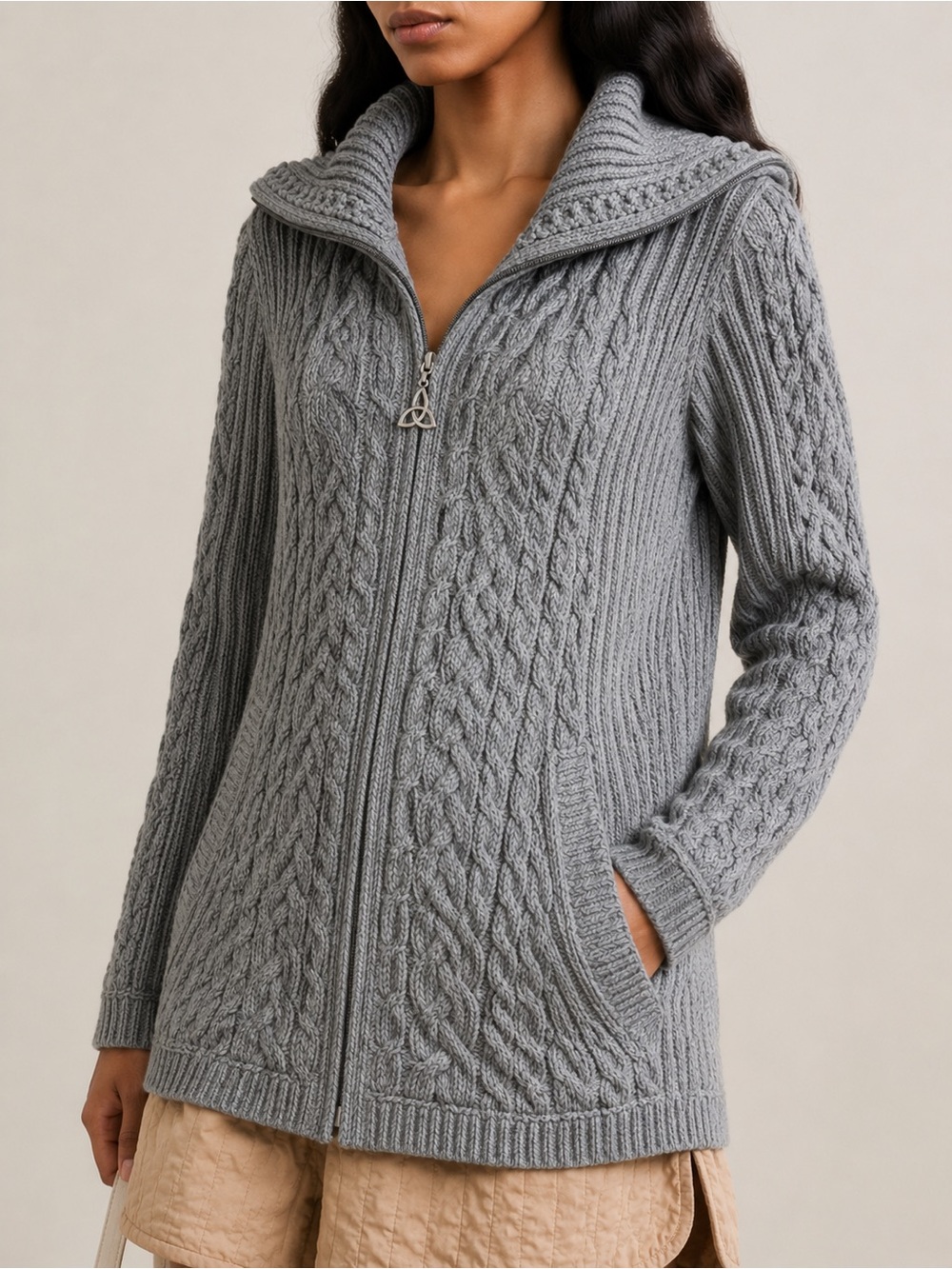 Aran Mor Ireland Merino Wool Cable Knit Zip Cardigan Gray Sz M Zipper Fisherman